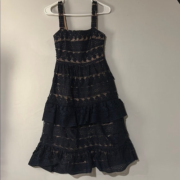 Lulus Women Size X Small Ethereal Navy Blue and Cream Lace Midi Dress Lined - Picture 4 of 14